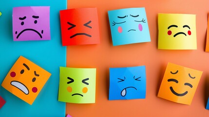 A collection of colorful sticky notes with different emoji faces.