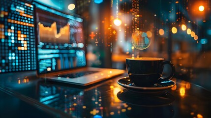 Caffeinated with a delicious cup of coffee technology business background with laptop showing stock market trends