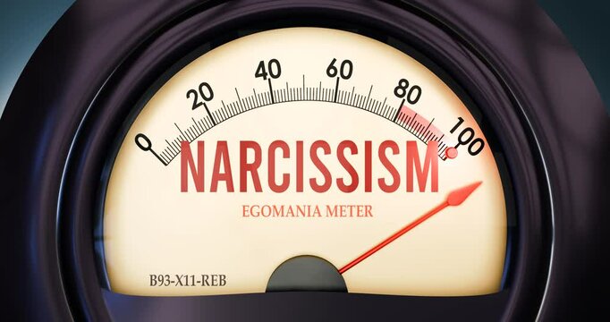 Narcissism and Egomania meter that is in full, hitting the end of the scale, showing an extremely high level of narcissism, overload of it, too much of it. Maximum value, off the charts.
