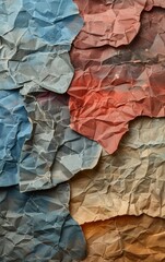 Abstract background of crumpled paper in blue, red, and brown colors.