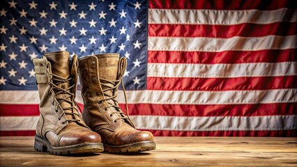 Military boots in front of American flag , army boots, combat, patriotic, army, military, USA, American flag, symbolic