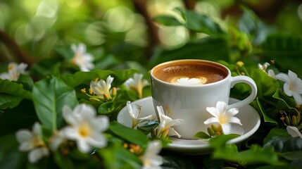 Cup of coffee latte set in a cute floral backdrop