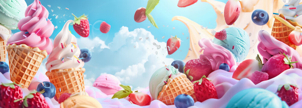 Abstract panoramic banner of various kinds of the ice cream with fruits for ice cream parlor or advertisement