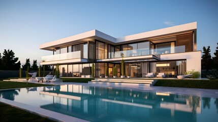 Modern House with Pool at Sunset