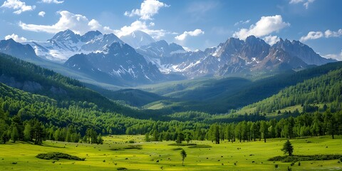 Summer mountain landscape with green meadows and snow-capped peaks