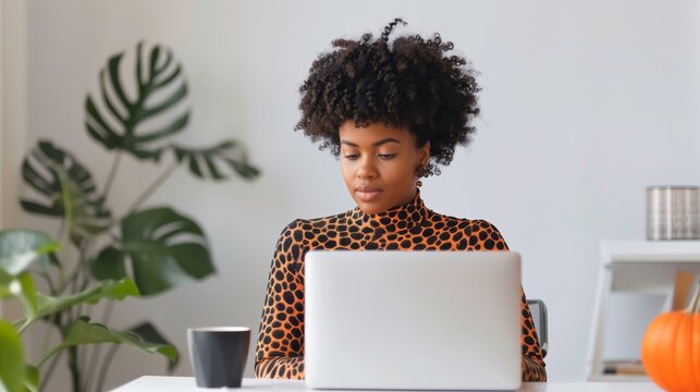 African American woman with short, curly hair, wearing a black and orange print turtleneck working on a laptop at a minimalistic white desk there is a pumpkin on the table for Halloween
