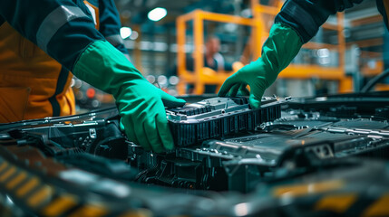 Engineer disassembling electric vehicle battery inside factory.