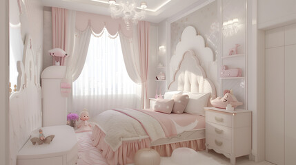 Girls bedroom Princess style decoration With pink and white.