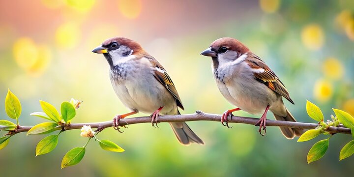Two sparrows perched on a branch in a whimsical , sparrows, birds,nature, branch, cute, wildlife, feathered, pair, flying