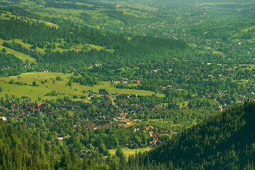 View of Zakopane from above. Panoramic view of the city. Tatra Mountains