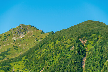 Beautiful summer landscape in the mountains. Green mountains and blue sky. Tatras