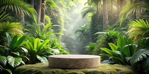 Rock podium with advertising product displayed in front of a lush tropical forest background, rock, podium