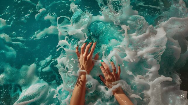 Hands in cyan water searching for something 
