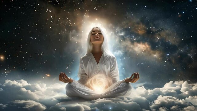 A beautiful young woman meditating on clouds