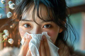 Closeup of woman sneezing and holding tissue due to allergic rhinitis