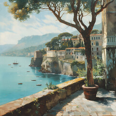 Watercolor painting of Sorrento in afternoon.