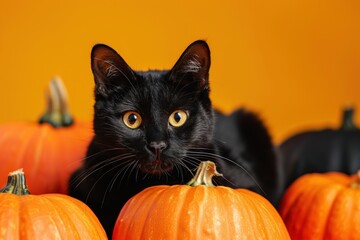 Black cat relaxing on pumpkins for halloween celebration