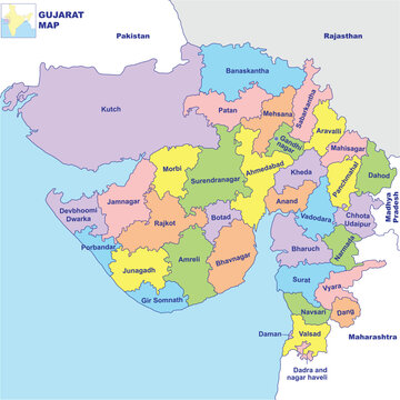 Detailed vector Illustration of Gujarat map State and District map with neighbour geographical map of Gujarat State.
