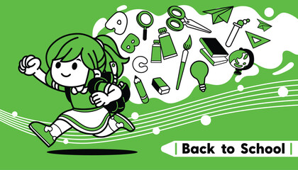 Cartoon Girl happy run with School elements Back to School concept on green background