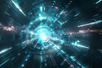 Fototapeta premium Blue and teal illustration of a digital tunnel