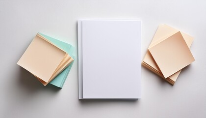 Top view of a blank white paper sheet next to a stack of colorful sticky notes.