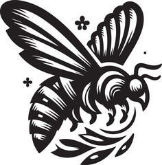 A cute flying bee on a sunflower black and white flat design silhouette vector art icon illustrations
