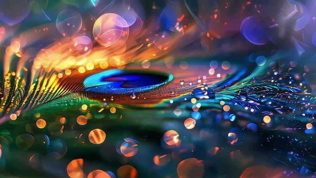 peacock feather closeup, Close-up of peacock feather with water droplets. Vibrant wildlife and nature concept