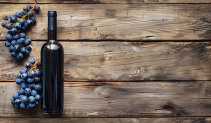 Bottle of red wine with ripe grapes on rustic wooden table flat lay from above