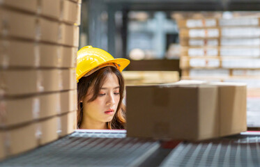 Portrait asian engineer woman shipping order check goods supplies export, import, goods, factory, warehouse, international trade, transportation ,cargo ship, logistic, distribution.business industry