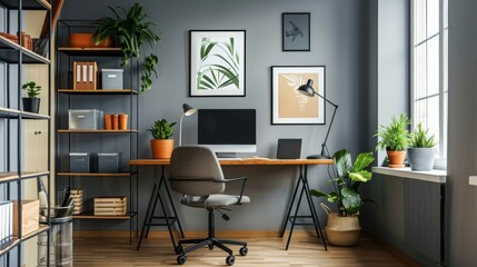 Home office workspace with a modern interior, featuring a desk, chair, and computer setup.