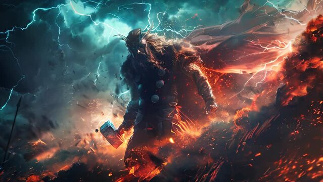 Thor, the Norse god of thunder, with his hammer, surrounded by lightnings