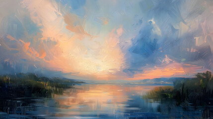 A rectangle painting of a natural landscape featuring a lake with a beautiful sunset in the background. The sky is filled with cumulus clouds, creating a stunning art piece