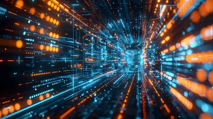 Obraz premium Abstract Digital Tunnel with Blue and Orange Lights