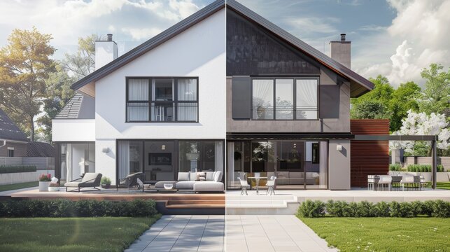 Comparison of a house exterior before and after refurbishment. Renovation concept.