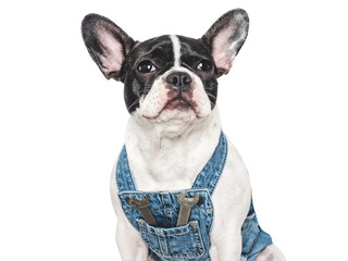 Cute puppy, denim overalls and spanners. Close-up, indoors. Studio shot. Congratulations for family, relatives, loved ones, friends and colleagues. Pets care concept