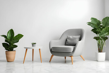 modern interior with comfortable armchair and plant on white background.