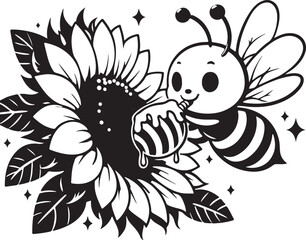 A cute flying bee on a sunflower black and white flat design silhouette vector art icon illustrations