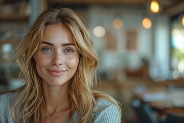 Obraz premium Portrait of Smiling Young Woman with Long Blonde Hair and Freckles Wearing Gray Sweater in Cozy Cafe with Warm Lighting and Blurred Backgroundsmiling woman