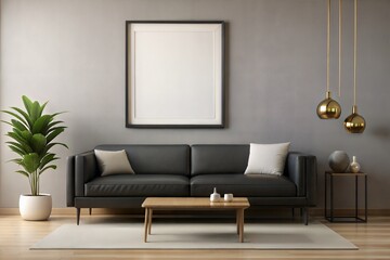Black sofa in living room with blank table for mock up
