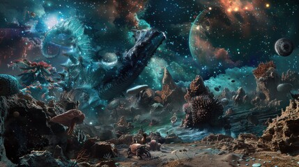 Obraz premium Alien Landscape with Giant Sea Creature Under a Starry Sky