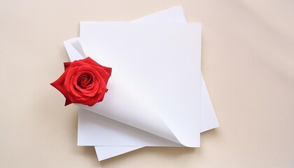 Top view of a blank white paper sheet with a single red rose, symbolizing inspiration.