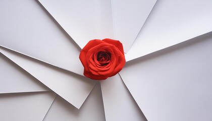 Top view of a blank white paper sheet with a single red rose, symbolizing inspiration.