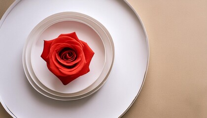 Top view of a blank white paper sheet with a single red rose, symbolizing inspiration.