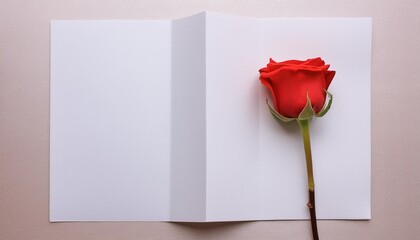 Top view of a blank white paper sheet with a single red rose, symbolizing inspiration.