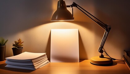 A blank white paper sheet illuminated by the soft glow of a desk lamp.