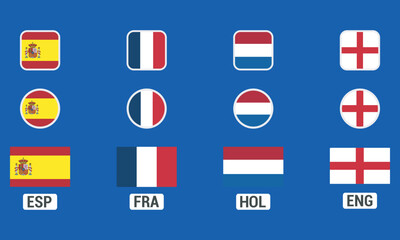 Semi-finals participants of the european football championship. National football teams flag icons. Vector flag icons of various shapes.