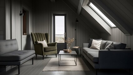 Contemporary grey living room with green armchair