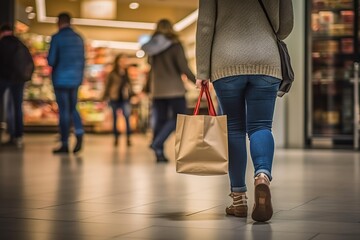 Adult female carrying paper bag with groceries in supermarket.