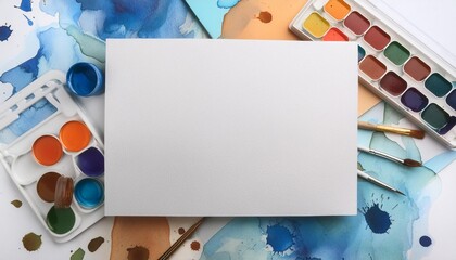 Close-up of a blank white paper sheet with scattered watercolor paints around it.