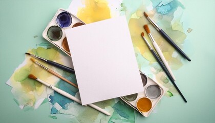 Close-up of a blank white paper sheet with scattered watercolor paints around it.
